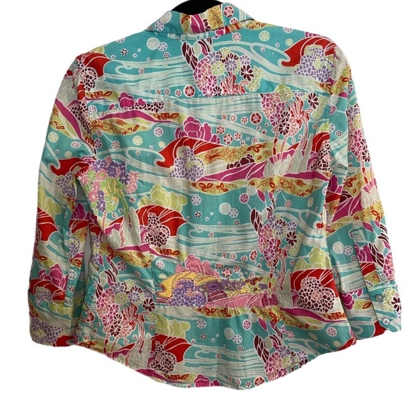 Robert Graham turquoise & pink tropical pattern embroidered 3/4 sleeve button up - Picture 2 of 11